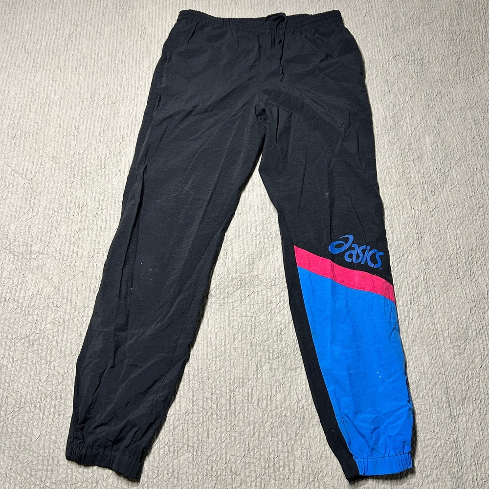 Vintage Asics Mens Nylon Track Pants Black Colorblock Windbreaker WB05 Size M